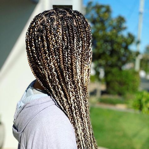 Black And Brown Knotless Braids Mixed, Mixed Brown Knotless Braids, Coloured Box Braids Dark Skin, Mixed Blonde Box Braids, Mixed Blonde Knotless Box Braids, Mixed Color Box Braids, Mixed Colour Braids, Mixed Color Knotless Braids, Medium Knotless Box Braids