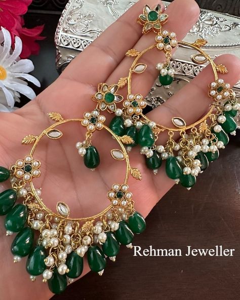 #earrings #hoopearrings #kundan "Beautiful Green Kundan Hoop Earrings - Handmade Indian/Pakistani Jewelry" ✅𝙒𝙝𝙖𝙩𝙨𝙖𝙥𝙥: +923042887297 🛍 Order Now These beautiful hoop-shaped earrings are perfect for any occasion. Adorned with kundan stones and emerald green beads, they are truly stunning. Stand out and look gorgeous with these drop earrings, which also feature delicate pearl accents. Handcrafted with care and gold plated, they are made with high-quality materials, including kundan stones, emer... Pakistani Jewelry, Kundan Earrings, Green Beads, Kundan Jewellery, Green Bead, Earrings Handmade, Emerald Green, Emerald, Hoop Earrings