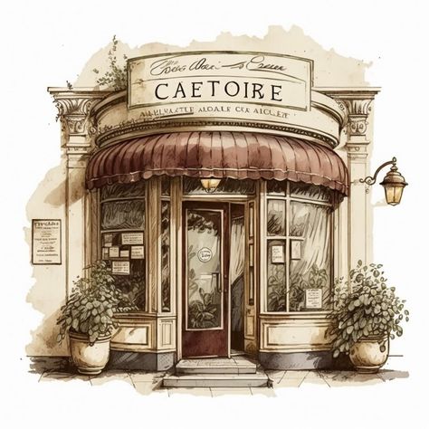 Cute Shop Exterior, Cafe With Apartment Above, Aesthetic Cafe Drawing, Cafe Shop Drawing, Coffee Shop Drawing Sketch, Aesthetic Cafe Exterior, Shopfront Illustration, Storefront Painting, Cute Store Fronts