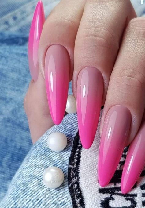 Barbie Pink Nails, Bright Pink Nails, Pink Chrome Nails, Pointed Nails, Almond Acrylic Nails, Pink Acrylic Nails, Chrome Nails, Best Acrylic Nails, Stiletto Nails