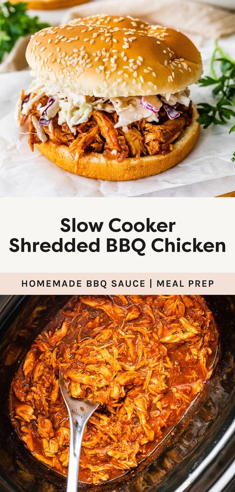 This slow cooker shredded bbq chicken recipe is packed with flavor and super easy to make. It results in tender, fall-apart chicken that's perfect for sandwiches, wraps, tacos, salads and more. Bbq Chicken Recipe, Slow Cooker Shredded Chicken, Shredded Bbq Chicken, Bbq Chicken Sandwich, College Food, Slow Cooker Bbq Chicken, Bbq Chicken Crockpot, Shredded Chicken Tacos, Sandwiches Wraps