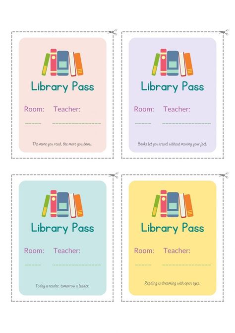 Free Library Pass - Elementary Librarian Library Passes Printable, Library Free Printables, Free Library Printables, Duolingo Illustration, Play School Activities, School Library Book Displays, Library Rules, Elementary Librarian, Library Lesson Plans