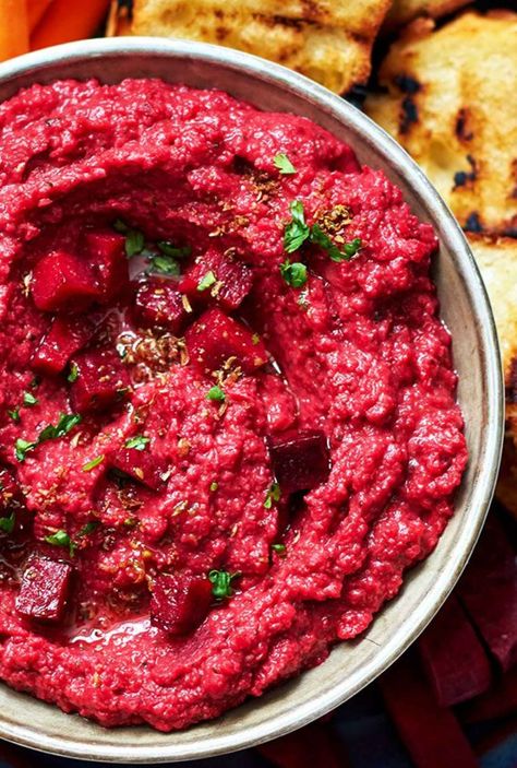 Potluck Dip Recipes: 7 Easy Dip Recipes for Your Holiday Potlucks — Eatwell101 Beetroot Hummus Recipe, Beet Hummus Recipe, Roasted Beet Hummus, Vegan Dips, Bean Hummus, Vegetable Dips, Healthy Superbowl Snacks, White Bean Dip, Beet Hummus