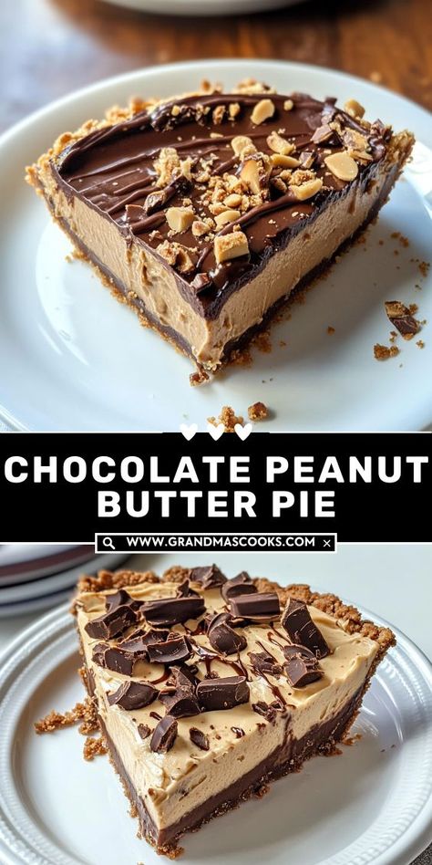 This no-bake chocolate peanut butter pie is a quick and easy dessert that’s packed with flavor. With a buttery crust, creamy peanut butter filling, and decadent chocolate topping, it’s a winner every time! Southern Peanut Butter Pie, Chocolate Turtle Pie, Peanut Butter Chocolate Pie Recipe, Simple Peanut Butter Pie, Chocolate Pb Pie, Chocolate Peanut Butter Cream Pie, Chocolate And Peanut Butter Desserts, Peanut Butter Chocolate Desserts, Peanut Butter And Chocolate Desserts