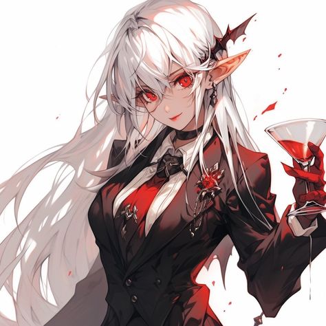 Female Butler, Butler Outfit, Female Elf, Red Eyes, White Hair, Red Hair, Elf, Red, Hair