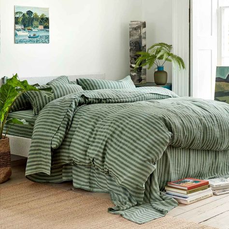 100% Linen Duvet Cover in Pine Green Stripe Duvet Comforter Sets, Piglet In Bed, Luxury Duvet Covers, Linen Duvet Cover, Dreamy Bedrooms, Pine Green, Deck Chairs, Linen Duvet Covers, Linen Duvet