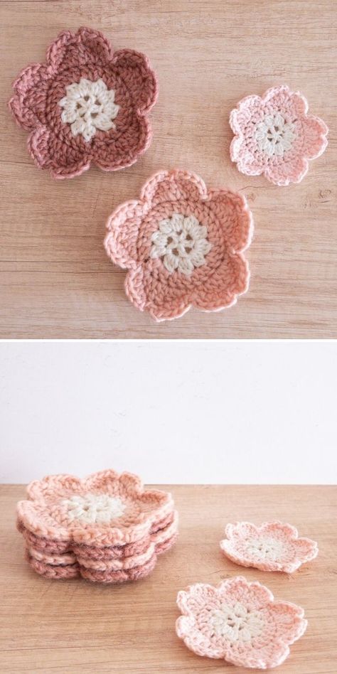 Fun Crochet Coasters Patterns. These sweet crochet flowers in the pictures below were made by Tomoko Hori and are such a fantastic addition to many projects! Like for instance to a sweater, hat, backpack, bag, or scarf! What's more, they work up fast and don't require a lot of yarn to make! #freecrochetpattern #doily #coaster Easy Crochet Bookmarks, Crochet Coasters Free Pattern, Crocheting Projects, Crocheted Hats, Crochet Coaster Pattern, Fun Crochet Projects, Crochet Flower Patterns, Diy Crochet Projects, Yarn Projects