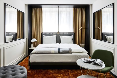 This Munich Hotel Looks Like It's From a James Bond Movie - Dwell Skylight Stairs, Hotel Resort Design, Munich Hotels, Luxury Airbnb, Airbnb Apartment, Champs Élysées, Luxurious Bed, Hotel Bedroom, Luxe Style