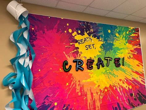 Color Run Bulletin Board, Paint Bulletin Board Ideas, Color Bulletin Board Ideas, What A Mess Vbs Decorations, Art Festival Activities, What A Mess Vbs Decor, Art Exhibition Ideas School, Art Class Posters, Art Room Doors