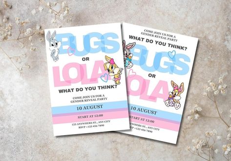 Baby Bugs & Baby Lola Themed Gender Reveal Invite 🛍️ Check Out My New Listings on My Etsy Shop!!! More Digital, Customizable Designs Coming Soon 🥰 DM or Email for Inquiring about Products or Request. #smallbusiness #etsyshop #digitaldesign #genderreveal #looneytoons #bugsandlola #smallbusinesssupport #smallbusinessowner #explore #custommade #graphicdesign #pinterest #boyorgiel Bugs Or Lola Gender Reveal, Lola And Bugs Bunny Gender Reveal, Lola Or Bugs Gender Reveal, Space Jam Gender Reveal, Themed Gender Reveal, Bugs And Lola, Gender Reveal Baby Shower Themes, Gender Reveal Party Favors, Baby Gender Reveal Party Decorations