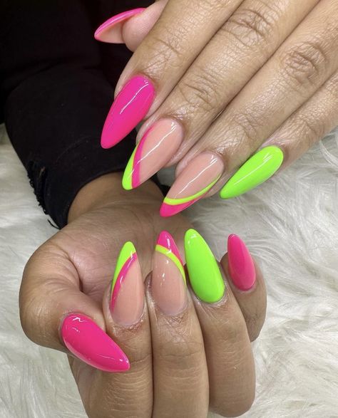 Neon Green And Pink Nails Almond, Coffin Summer Nails Designs 2023, Trendy Nails Almond Shape Summer, Neon And Pink Nails, Pink And Neon Nails, Green And Pink Neon Nails, Neon Nails Inspiration, 90s Neon Nails, Lime Green Nails Design Neon