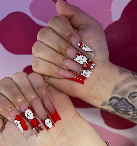 Hello Kitty X Kaws, Kaws Nails, Cutest Nails, Fye Nails, Acrylic Nails Nude, Kitty Nails, Tapered Square Nails, Hard Nails, Blue Acrylic Nails