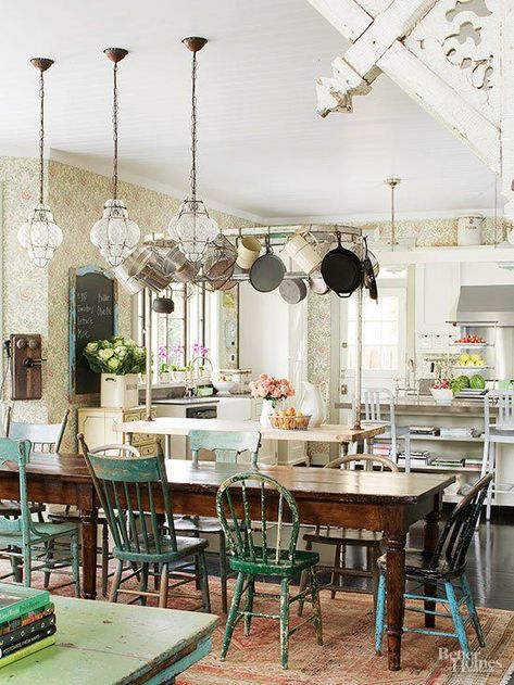 English Cottage kitchen inspiration with fun mismatched chairs along a long dining table Green Painted Furniture, English Cottage Interiors, Cottage Dining Rooms, Mismatched Chairs, English Cottage Decor, Cottage Room, Country Cottage Decor, English Cottage Style, Cottage Kitchens