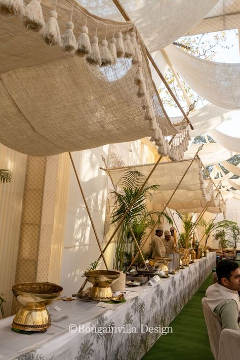 Zero Waste Indian Wedding Decor, Food Canopy Wedding, Roka Ceremony Decoration, Boho Event Decor, Wedding Canopy Decorations, Boho Canopy, Wedding Tent Decorations, Mandap Design, Mehendi Decor Ideas