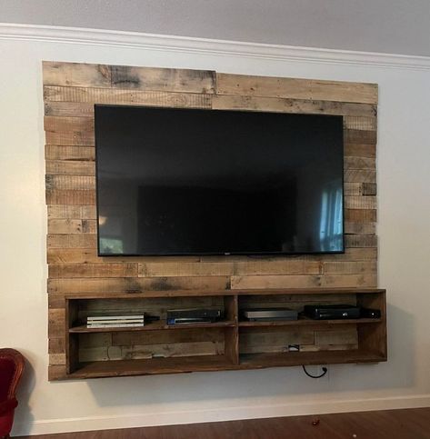 DIY Den Renovation: Updating My Den From 1968 - Everyday She Moms Pallet Entertainment Centers, Diy Den, Upstairs Ideas, Wall Mount Tv Shelf, Den Makeover, Wall Tv Stand, Wall Entertainment Center, Diy Pallet Wall, Floating Entertainment Center