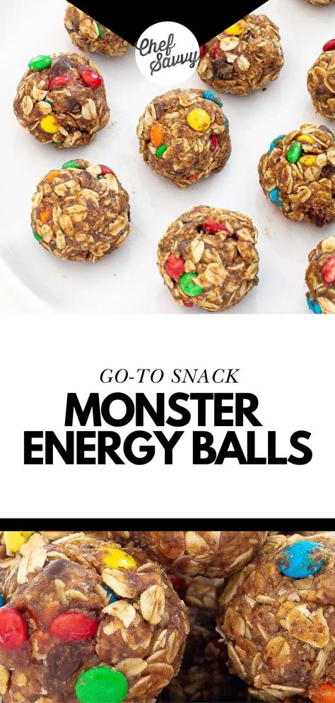 Save this No Bake Healthy High Protein Monster Energy Balls Recipe! Monster Energy Balls are no-bake, bite-sized treats that combine the flavors of monster cookies with wholesome, energy-packed ingredients like peanut butter, flax seed, and oats. They are a convenient protein-packed snack that will keep you fueled throughout the day! Follow Chef Savvy for more Healthy Snacks! Monster Energy Balls, No Bake Healthy, Energy Balls Recipe, Bake Healthy, Energy Balls Healthy, Energy Ball Recipe, Protein Packed Snacks, Peanut Butter Protein, Protein Ball