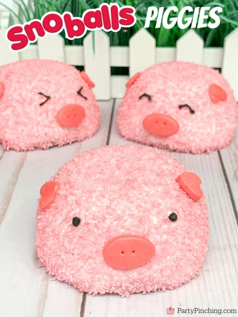 snack cake pigs, piggy snack cakes, piggy pig snoballs, pig snow balls, hostess snow balls, hostess snoballs, pink hostess snoball snowball coconut snack cake pig, cute pig cake, adorable pig cupcakes, best pig cake easy, best easy barnyard farm county fair party ideas Cute Pig Cake, Pig Desserts, Fair Party Ideas, Peppa Pig Birthday Party Food, Pig Cake Pops, Work Treats, Piggy Cake, Coconut Snacks, Kids Veggies