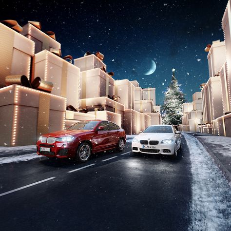 BMW Christmas Campaign on Behance Bmw Christmas, Christmas Environment, Car Print Ads, Christmas Advertising, Car Advertising Design, 3d Scene, Night High, Christmas Campaign, Snow Falling