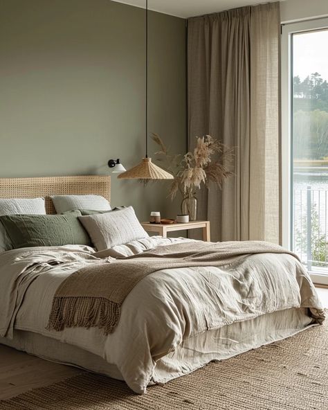 Green And Off White Bedroom, Bedroom Ideas Beige Walls, Beige And Sage Green Bedroom, Light Brown Bedroom Walls, Sage Green And Beige Bedroom, Warm Beige Bedroom, Beige Walls Bedroom, Beige Bedding, Sage Bedroom