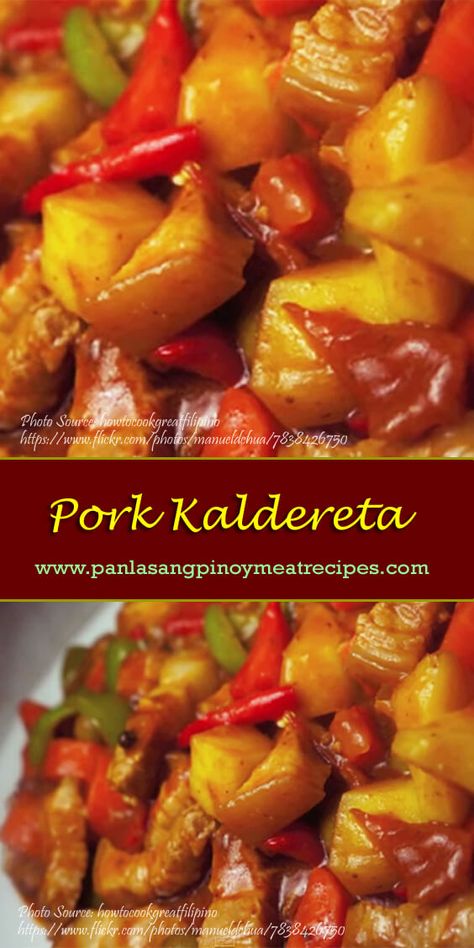 Pork Kaldereta - did not use liver spread, olives and pepper. Added beef bouillon, a bit of magic Sarap, and bell pepper at the end. Pork Kaldereta Recipe, Pork Caldereta Recipe Filipino Food, Pork Caldereta, Pork Caldereta Recipe, Kaldereta Recipe, Caldereta Recipe, Filipino Pork Recipes, Beef Caldereta, Pork Mince Recipes