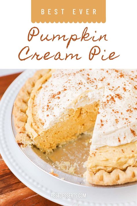 A light and fluffy spiced pumpkin filling topped with whipped cream and surrounded by a flakey pie crust, this is Pumpkin Cream Pie! Pumpkin Cream Pie Pioneer Woman, Fall Cream Pie Recipes, Pumpkin Whip Pie, White Pumpkin Pie From Scratch, Pumpkin Crème Pie, Pumpkin Pie Recipe With Pumpkin Pie Spice, Frost On The Pumpkin Pie, Pumpkin Pie Pumpkins, Thanksgiving Cream Pie