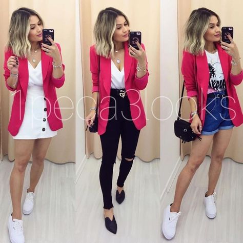 Blazer Fiusha Outfit, Look Com Blazer Pink, Outfit Blazer Rosa Fiusha, Blazer Fucsia Outfit Casual, Chaleco Fucsia Outfits, Outfits Con Blazer Fucsia, Blazer Rosa Outfit, Pink Blazer Outfit Work, Outfit Con Blazer