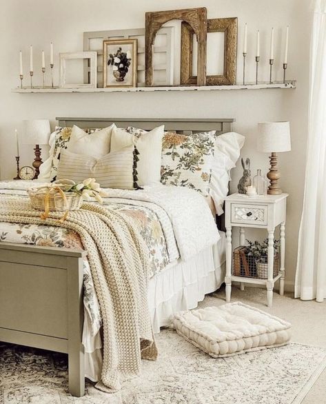 Shelf Above Bed Decor, French Cottage Bedroom, Bedroom Wall Decor Above Bed, Wall Decor Above Bed, Floating Shelves Bedroom, Farmhouse Bedroom Decor Ideas, Decor Above Bed, French Country Bedrooms, Extra Bedroom