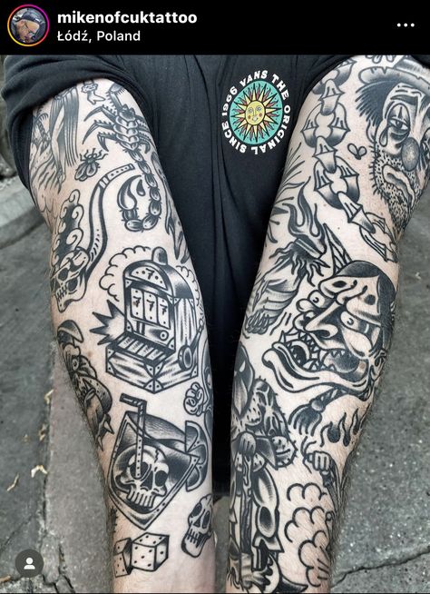 Hippocrates Tattoo, Trad Patchwork Tattoo, American Traditional Tattoo Sleeve Men, Traditional Tattoos Leg Sleeve, Traditional Tattoo Art Sleeve, Traditional Calf Tattoo, American Traditional Tattoos Leg, Traditional Tattoos Leg, Traditional Elbow Tattoo