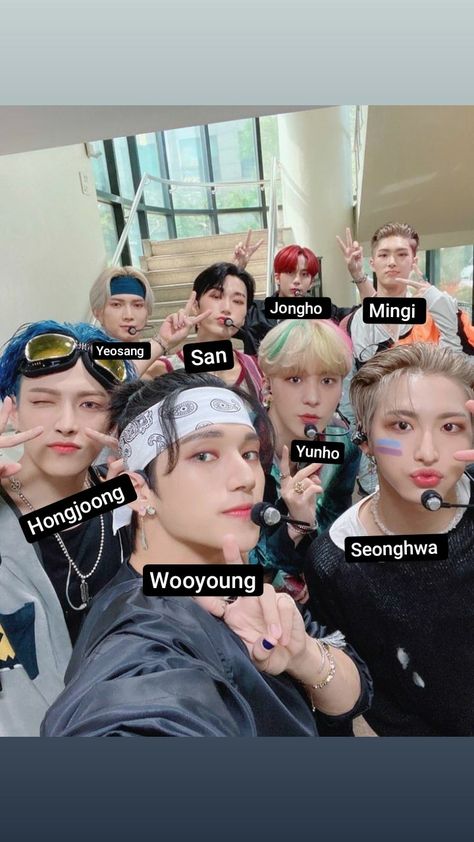 Ateez Names Members, Ateez Group Photo With Names, Ateez Members Names, Ateez Names, Kpop Names, San Hongjoong, Yunho Jongho, Names Starting With S, Kpop Group Names