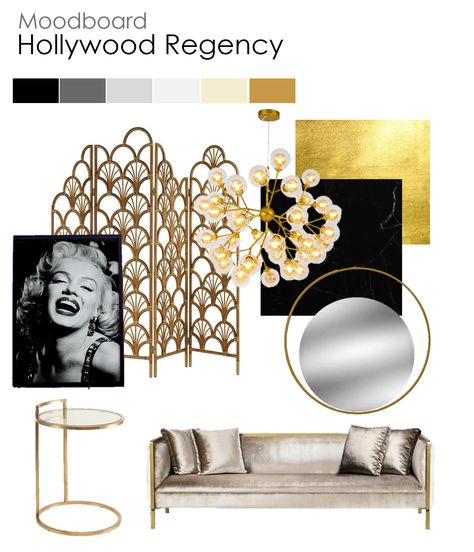 Hollywood Regency Mood Board, Old Hollywood Home Decor, Hollywood Glam Interior Design, Arabian Majlis, Furniture Presentation, Hollywood Regency Interior Design, Art Deco Mood Board, Art Deco Cafe, Glam Art Deco