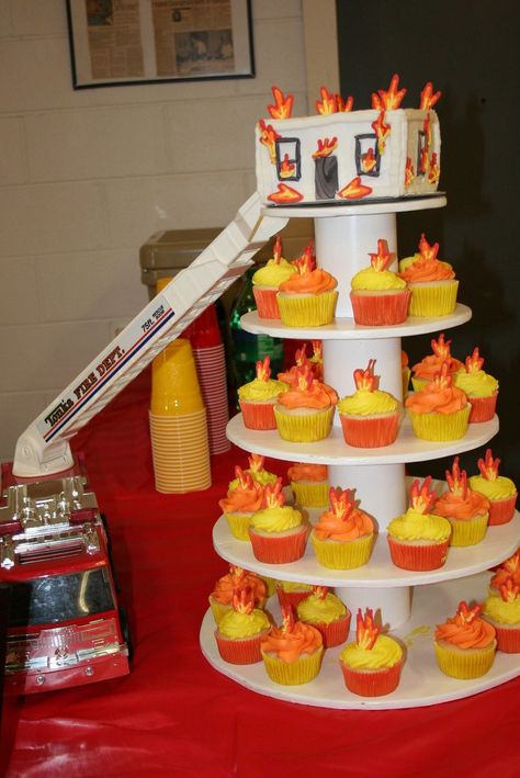 Fireman Burning House Cake With Flame Cupcakes For Grooms Party  on Cake Central Flame Cupcakes, Fireman Sam Birthday Party, Fireman Cake, Firetruck Cake, Fireman Party, Firetruck Birthday Party, Fireman Birthday, Fire Truck Party, Grooms Party