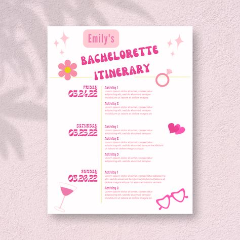 Editable bachelorette itinerary template. Once you purchase, you'll receive an email with the link to the schedule. You can edit the texts how you'd like, save and print. Enjoy! Bachelorette Schedule Template, Barbie Theme Bachelorette, Bachelorette Schedule, Bachelorette Pink, Bachelorette Weekend Itinerary, Pink Bachelorette, Bachelorette Itinerary, Weekend Itinerary, Barbie Theme