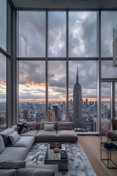 Condo With City View, Cool Apartments Modern, High Rise Condo Aesthetic, Nyc Penthouse Bedroom, Nyc Appartement Aesthetic, Apartment With View, Condo View, Dream Penthouse, Penthouse Aesthetic