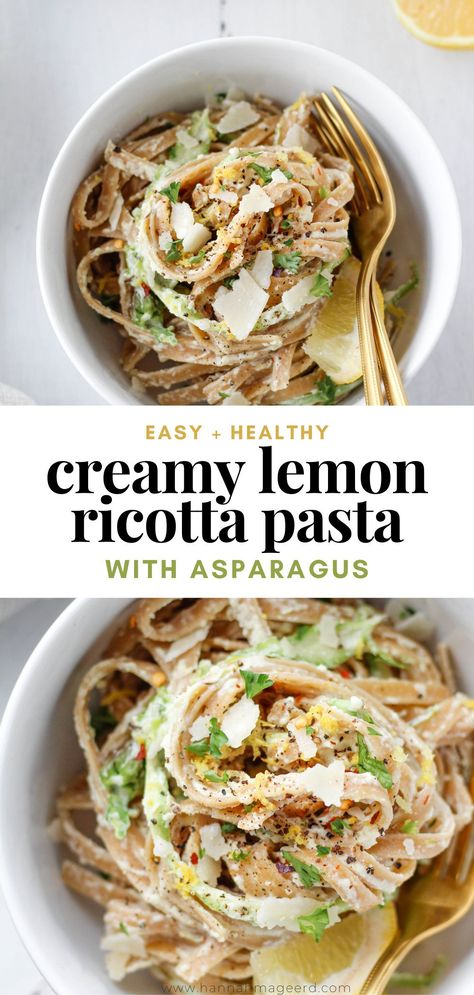 This creamy, fresh-tasting Lemon Ricotta Pasta is an easy recipe to make when you want something quick and nutritious for dinner! #lemonricottapasta #lemonpasta #lemonricotta #ricottapasta #healthypastarecipe #pasta #summerpastarecipe #vegetarian #healthydinner Ricotta Pasta Recipes, Lemon Ricotta Pasta, Pasta With Asparagus, Summer Pasta Recipes, Pasta Varieties, Ricotta Recipes, Asparagus Pasta, Ricotta Pasta, Pasta Ingredients