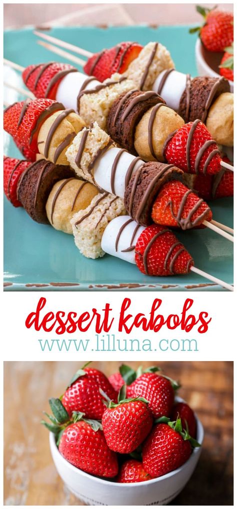 Dessert Kabobs are a simple and delicious way to serve several "mini" treats at once. They are perfect for parties, BBQs and every day! #dessertkabobs #desserts #kabobs #strawberryandbrownies #ricekrispies Dessert Shish Kabobs, Brownie Kabobs Skewers, Sweet Kabobs Desserts, Desert Kabobs Sticks, Fruit Kabobs For Party Skewers Simple, Fun Kabob Ideas, Deserts For Birthday Party, Skewer Desserts Sticks, Kabob Ideas Appetizers