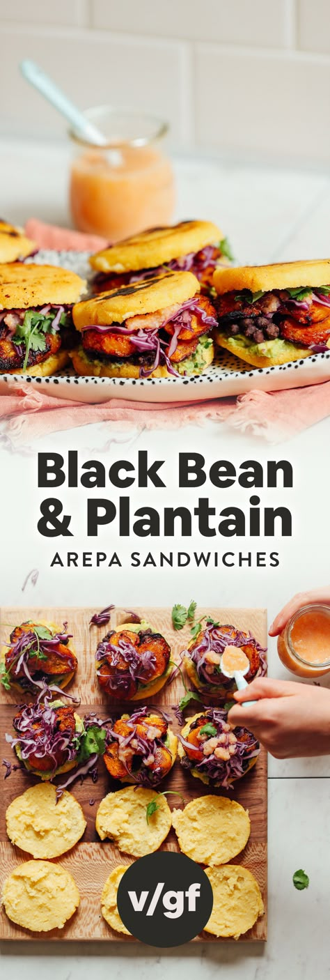 Tray with freshly made Vegan Arepa Sandwiches made with Plantains, Black Beans, and Guacamole Vegan Plantain Recipes, Beans And Plantains, Vegan Plantain, Black Bean And Plantain, Plantain Sandwich Vegan, Roasted Plantains, Vegan Tacos Meat, Vegan Coleslaw, Vegan Tacos