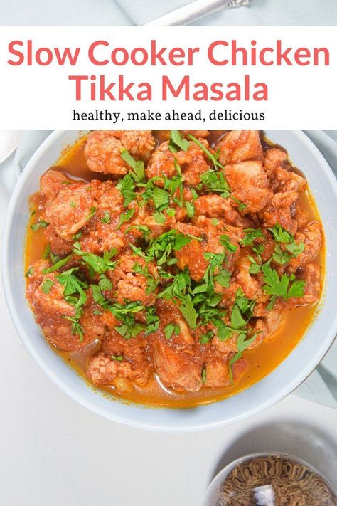 Make your own Indian takeout at home with this crockpot Chicken Tikka Masala with cauliflower in the most deliciously creamy, spiced tomato sauce. This healthy recipe from Slender Kitchen is MyWW SmartPoints compliant and is gluten free. #dinner #freezerfriendly #makeahead Crockpot Chicken Tikka Masala, Cauliflower Tikka Masala, Takeout At Home, Indian Takeout, Ww Dinners, Chicken And Cauliflower, Slender Kitchen, Ethnic Food, Healthy Slow Cooker