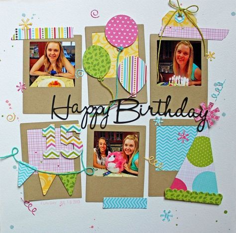 Birthday scrapbooking layout with balloons, tags, banner, and party hat. Birthday Scrapbook Layouts, Birthday Scrapbook Pages, Scrapbook Layout Sketches, Birthday Scrapbook, Kids Scrapbook, Family Scrapbook, Foto Baby, Scrapbooking Photo, Scrapbook Sketches