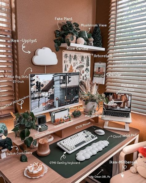 Simple Gaming Setup Aesthetic, Boho Gaming Setup, Cubicle Inspiration, Work Nook, Streaming Room, Wfh Office, Gamer Aesthetic, Home Office Set Up, Cozy Desk