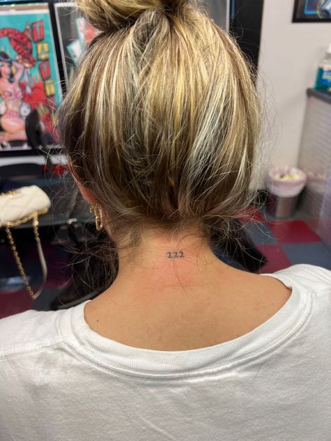 Tiny Back Of Neck Tattoo, Back Of Neck Number Tattoo, Angel Number Tattoo Back Of Neck, Back Of Neck Small Tattoo, 444 Tattoo Ideas Neck, Numbers On Neck Tattoo, Angel Number Tattoo Placement Ideas, Number Tattoo Back Of Neck, 111 Neck Tattoo