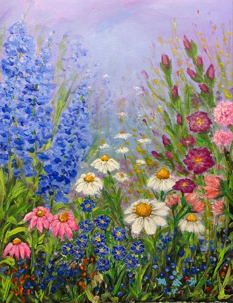 Spring Inspired Paintings, Spring Floral Painting, Pretty Flowers Painting, Simple Garden Painting, Spring Paintings Acrylic, Garden Painting Easy, Spring Painting Ideas On Canvas, Spring Acrylic Paintings, Spring Mural