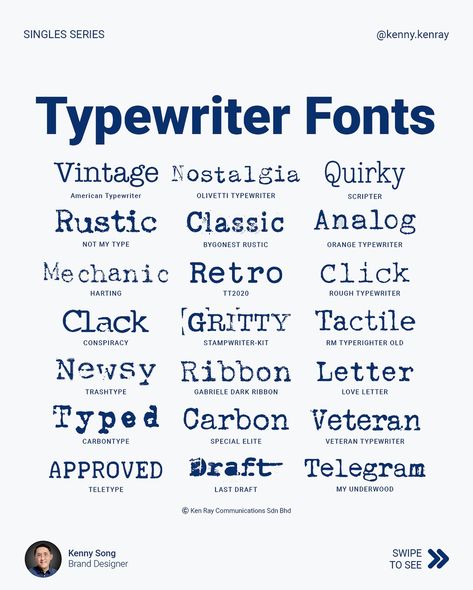 I started learning to type on my dad’s retro Royal Quiet De Luxe typewriter which is still in excellent condition (swipe to see). I miss that familiar clickity-clack of the keys when they hit the paper and that ‘ding’ at the end. Typewriter fonts are monospaced typefaces that mimic the style of old mechanical typewriters. These fonts often evoke a vintage, nostalgic feel, making them popular for designs that want to reflect retro or analogue aesthetics. Designers use them to create a sens... Vintage Typewriter Font, Typewriter Typography, Typewriter Aesthetic Vintage Typewriters, Typewriter Aesthetic, Learn To Type, Royal Typewriter, Typewriter Font, Retro Typewriter, Font Names