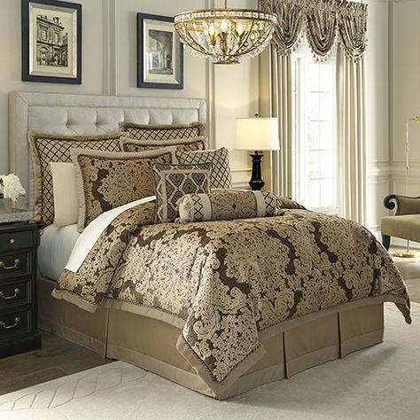 Sorina by Croscill Home Fashions is a magnificent medallion design in a rich neutral presentation. Sorina features beautiful decorative trims and wonderfully complimentary fabrics. The Sorina collection is available in bedding sets in sizes Queen through California King. The bedding sets include comforter, pillow shams, and tailored bedskirt. Introduce the euro shams which are shown against the headboard, and the decorative cushions to complete the bed beautifully. The coordinated drapery pan... Croscill Bedding, Bedroom Chic, Bedroom Set Designs, Beige Bed Linen, Bedroom Bedding, King Bedroom Sets, King Bedroom, King Comforter Sets, Luxury Bedroom