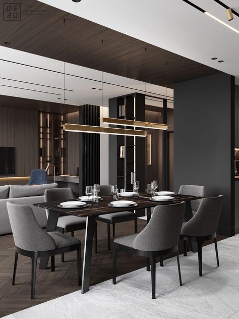 Dark Modern Dining Room, Dubai Kitchen, Interior Design Dark, Classy Dining Room, Dark Contemporary, Luxury Design Print, Dining Room Interior Design, Blue Chairs, Dining Room Interior