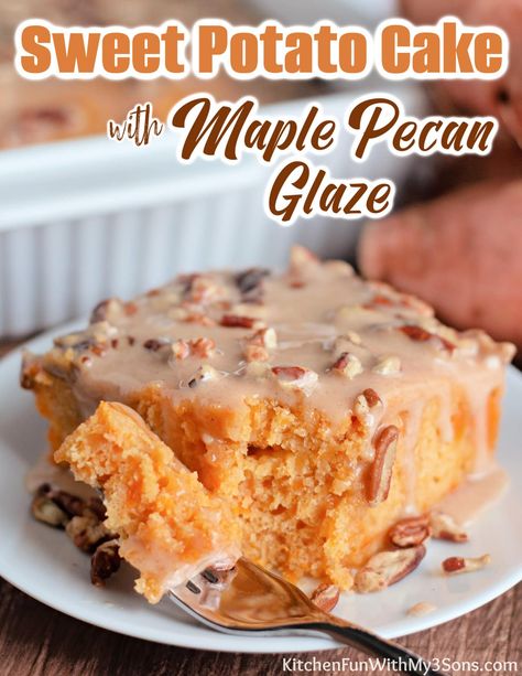 This delicious Sweet Potato Cake with maple pecan glaze is the perfect dessert for any occasion. Simple ingredients like flour, sugar, nutmeg, eggs, and of course, sweet potatoes, all come together to create a warm cake then topped with a sweet glaze. Sweet Potato Cake With Box Cake, Cake Receipt, Pecan Glaze, Pumpkin Praline, Sweet Potato Cake Recipe, Smashed Sweet Potatoes, Holiday Recipies, Sweet Potato Dessert, Alcohol Food