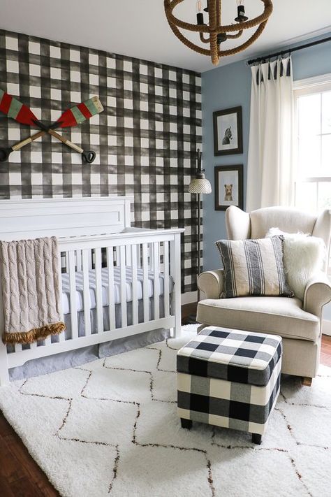 Baby Boy Nursery with Buffalo Check Wallpaper - Sypsie.com Buffalo Check Nursery, Baby Boy Nursery Wallpaper, Boy Nursery Wallpaper, Nursery Wallpaper Boy, Nursery Ideas Boy, Wallpaper Boy, Kid Bedrooms, Nursery Reveal