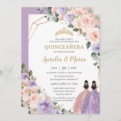 Quinceañera Lilac Blush Floral Rose Gold Twins Invitation Invitations Quinceanera, Princess Invitation, Quince Invitations, Silver Invitation, Floral Tiara, Princess Invitations, Sage Green Floral, Quinceanera Party, Invitations Diy