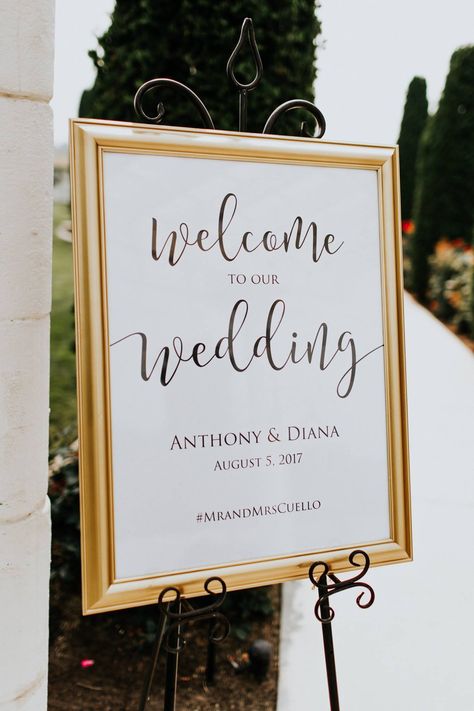 Black, white, and gold wedding: Welcome Sign Photo Cred: Alex Lasota Photography Gold Wedding Welcome Sign, Black White And Gold Wedding, Wedding Photo Walls, Gold Wedding Signs, White And Gold Wedding, Best Wedding Colors, Black Gold Wedding, Golden Christmas, Black White And Gold