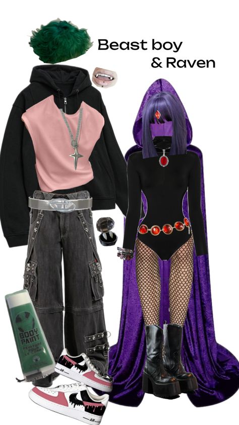 Beast boy and Raven outfit unique Halloween couple costume #beastboyxraven #beastboy #raven #ravenandbeastboy #couplecostume2024 #couplecostumes #teentians #halloweencostume Beast Boy Costume, Raven Halloween Costume, Beast Boy And Raven, Raven Outfits, Halloween Couple Costume, Raven Costume, Raven Beast Boy, Halloween Couple, Couple Costume