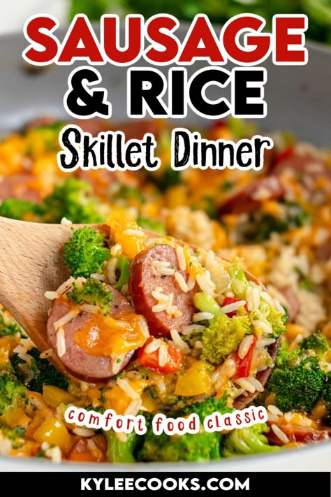 Sausage and Rice in a skillet! Combining smoked sausage, crisp vegetables, fluffy rice and a hint of cheese, this is a weeknight dinner the whole family will love! It all cooks in 1 skillet (aside from the rice) and is super delicious, easy and customizable to what you have in the fridge. And the bonus is it's ready in under 20 minutes. BOOM! Sausage Rice Peppers Recipe, Smoked Sausage Broccoli Rice, Sausage And Rice Skillet Easy Dinners, Sausage Rice And Veggies, Sausage And Rice Casserole Easy, Smoked Sausage And Rice Casserole, Pork Sausage And Rice Recipes, Easy Dinner Sausage, Kabasa Sausage And Rice Recipes